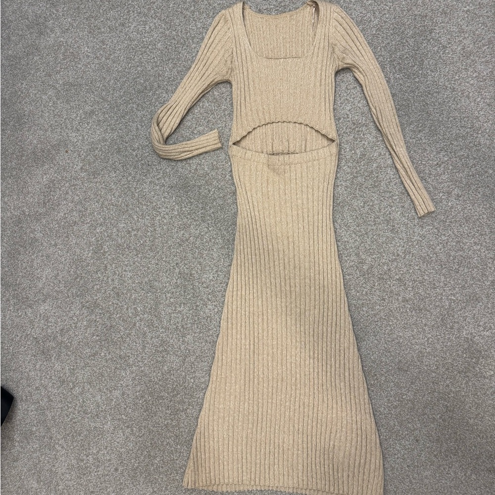 Lioness Tan Long Sleeve Ribbed Dress